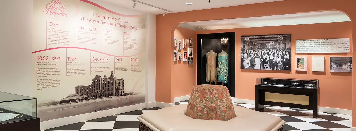 An exhibition area showcasing the history of The Royal Hawaiian Hotel.