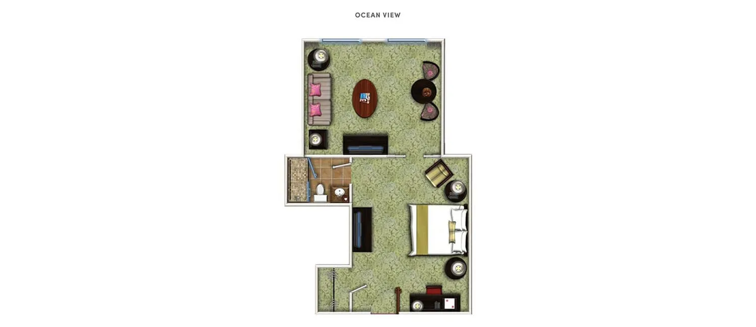 Floor plan of the Ocean Deluxe Room featuring a bedroom and living area.