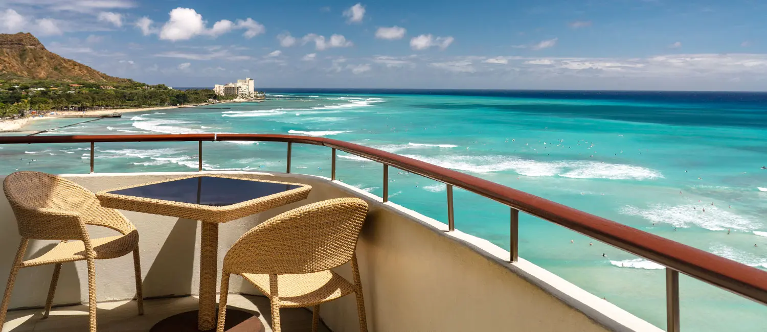 Balcony with a panoramic view of Diamond Head and Waikiki Beach.