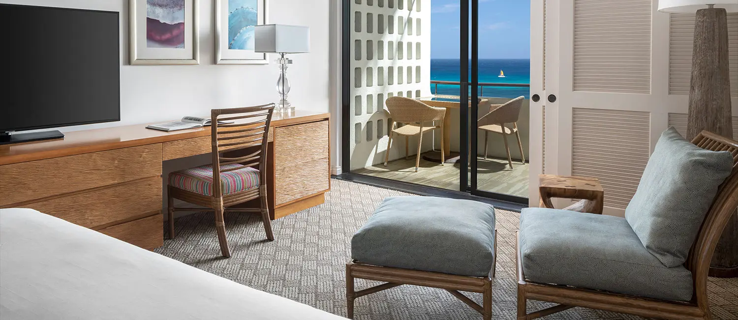 Room with balcony and desk offering a relaxing ocean view.
