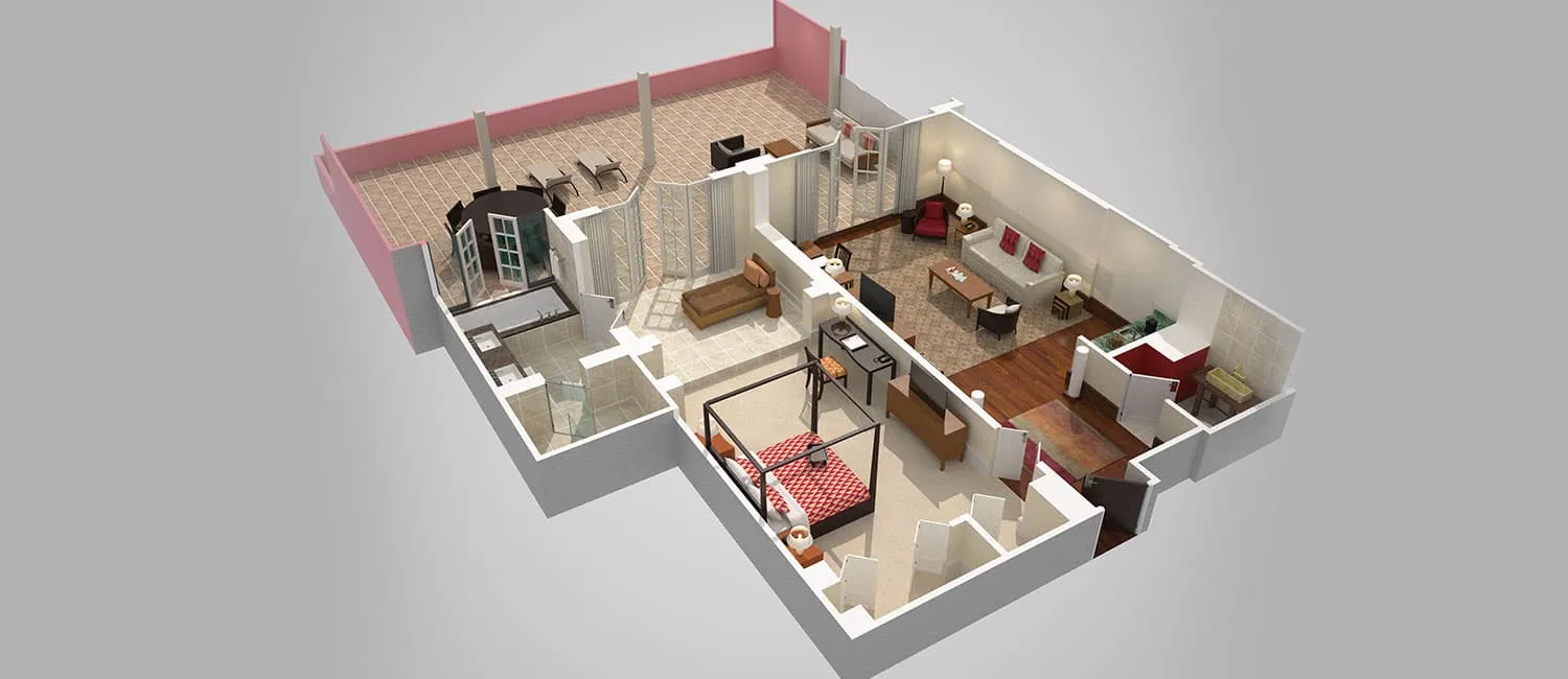 Floor plan of the Kamehameha Suite featuring a spacious living area and ocean-view terrace.